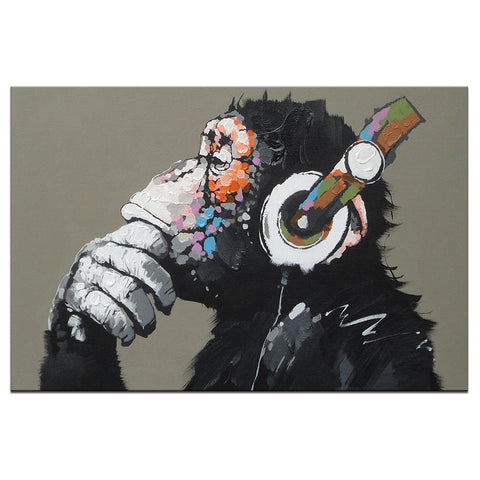 Large 1 Pcs Animal Monkey Canvas Printed Painting Modern Funny Thinking Monkey with Headphone Wall Art for Living Room Decor