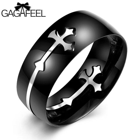 GAGAFEEL Cool Cross Ring Punk Black Stainless Steel Men Jewelry Luxury Trendy Finger Rings 8MM Width Unique Gift For Male Boy