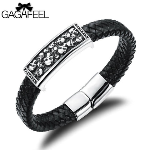 GAGAFEEL Men Bracelet With Skeleton Wristband Vintage Leather Weave Stainless Steel Buckle Bangle Punk Style Jewelry Wholesale