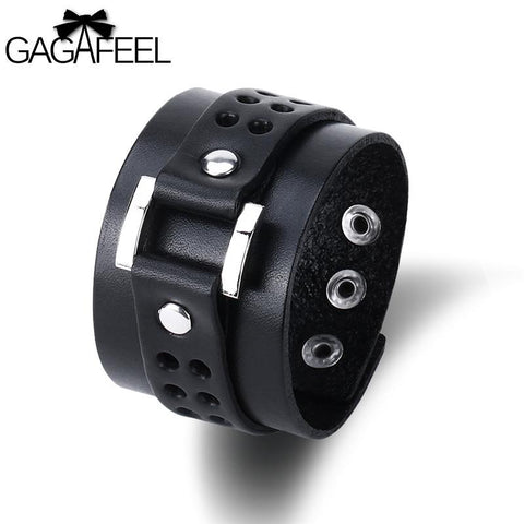 GAGAFEEL Punk Men Leather Bracelet Vintage Wide Cuff Bangles  Buckle Wristband Male Jewelry Black & Brown Color Rope Chain New