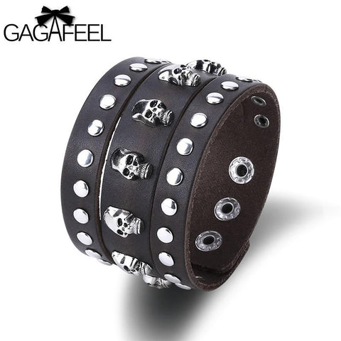 GAGAFEEL Punk Wrap Bracelet Leather Wide Cuff Braid Skull Bracelets & Bangles For Men Fashion Vintage Jewelry Accessory 2017