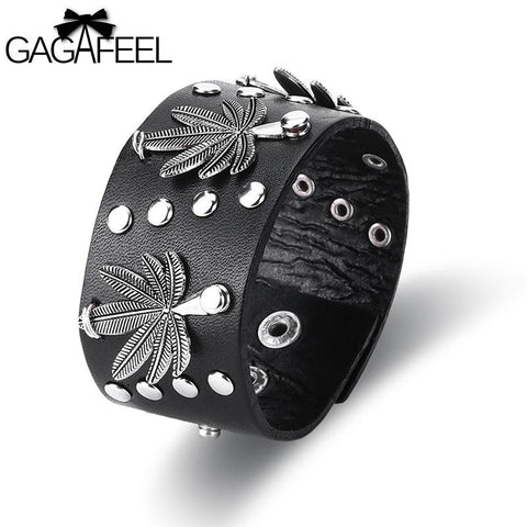 GAGAFEEL Men Wide Leather Bracelet Cuff Bracelets & Bangles Wristband Vintage Punk Men Jewelry With Plate Leaves Design 2 Colors