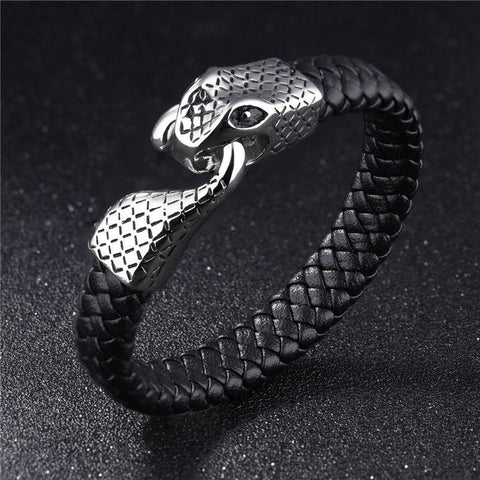 GAGAFEEL Snake Chain Buckle Cowhide Bracelet Punk Personality Men's Stainless Steel Leather Bracelet Charm Tide Hand Jewelry