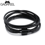 GAGAFEEL Magnetic Buckle Black Men Jewelry Leather Cowhide Bracelet Punk Stainless Steel Bangle Rope Chain Multiple Layers