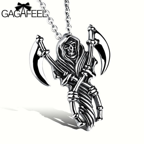 GAGAFEEL Male Necklace Stainless Steel Jewelry Men Vintage Death Scythe Skull Pendant Domineering Link Chain Punk Best Gift N972