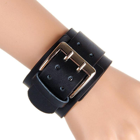 Retro Wide Leather Bracelets Punk Exaggerated Big Double Buckle Bracelet BK