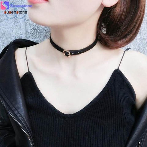 SUSENSTONE Classic Gothic Punk Choker Collar Necklace Leather Chain Neck