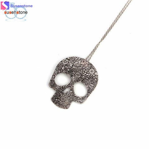 SUSENSTONE Hot Women Vintage Punk Rock Gothic Skull Pendant Long Necklace Silver