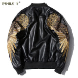 Fashion Men Aviator Bomber leather jacket Casual Embroidery Wing Patch Outerwear Motorcycles style Anarchy PU Coat Black Red