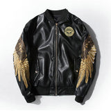 Fashion Men Aviator Bomber leather jacket Casual Embroidery Wing Patch Outerwear Motorcycles style Anarchy PU Coat Black Red