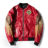 Fashion Men Aviator Bomber leather jacket Casual Embroidery Wing Patch Outerwear Motorcycles style Anarchy PU Coat Black Red