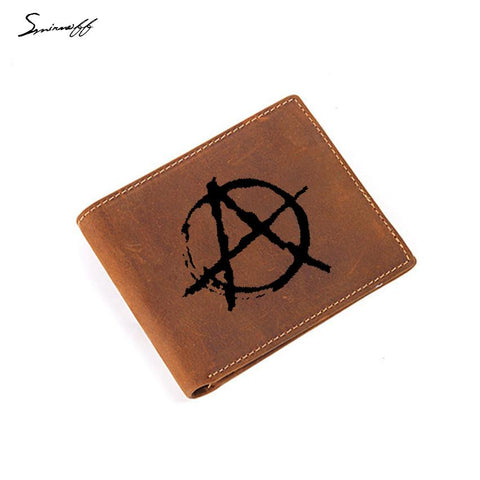 Genuine leather Wallet men small coin pocket short purse Credit card holder Engraved Anarchy Symbol Fashion men wallet